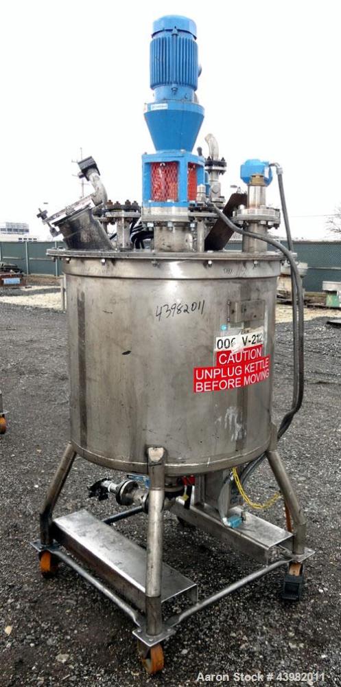 Used Val-Fab Tank, 150 Gallon, 316L Stainless Steel, Vertical. 36" Diameter x 31" straight side, flat bolt on top, dished bottom. Top entering Cheminner agitator with mechanical seal. Approximate 1" ...