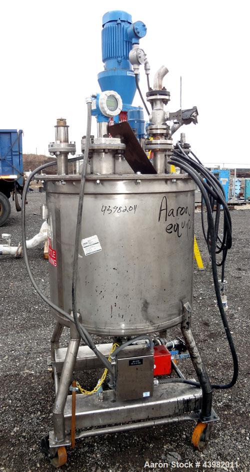 Used Val-Fab Tank, 150 Gallon, 316L Stainless Steel, Vertical. 36" Diameter x 31" straight side, flat bolt on top, dished bottom. Top entering Cheminner agitator with mechanical seal. Approximate 1" ...