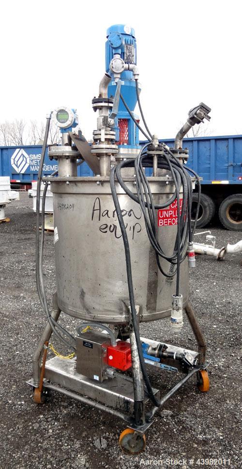 Used Val-Fab Tank, 150 Gallon, 316L Stainless Steel, Vertical. 36" Diameter x 31" straight side, flat bolt on top, dished bottom. Top entering Cheminner agitator with mechanical seal. Approximate 1" ...