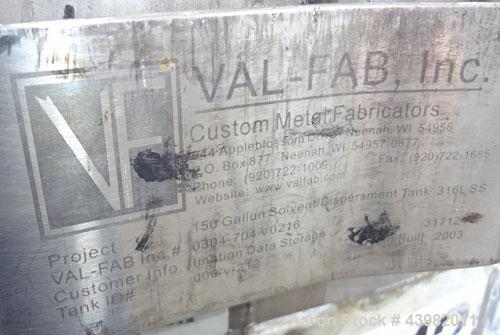 Used Val-Fab Tank, 150 Gallon, 316L Stainless Steel, Vertical. 36" Diameter x 31" straight side, flat bolt on top, dished bottom. Top entering Cheminner agitator with mechanical seal. Approximate 1" ...
