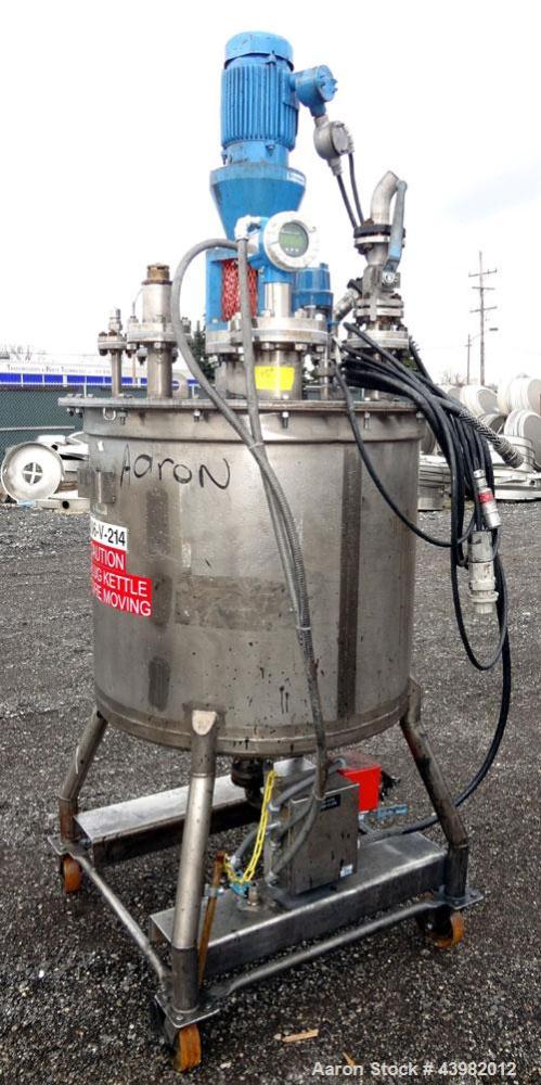 Used Val-Fab Tank, 150 Gallon, 316L Stainless Steel, Vertical. 36" Diameter x 31" straight side, flat bolt on top, dished bottom. Top entering Cheminner agitator with mechanical seal. Approximate 1" ...