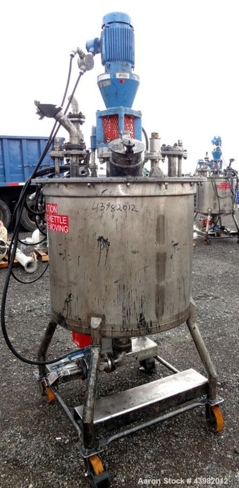Used Val-Fab Tank, 150 Gallon, 316L Stainless Steel, Vertical. 36" Diameter x 31" straight side, flat bolt on top, dished bottom. Top entering Cheminner agitator with mechanical seal. Approximate 1" ...