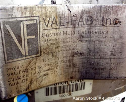 Used Val-Fab Tank, 150 Gallon, 316L Stainless Steel, Vertical. 36" Diameter x 31" straight side, flat bolt on top, dished bottom. Top entering Cheminner agitator with mechanical seal. Approximate 1" ...