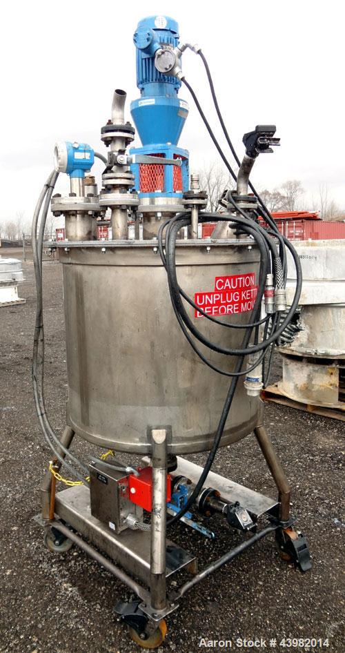 Used Val-Fab Tank, 150 Gallon, 316L Stainless Steel, Vertical. 36" Diameter x 31" straight side, flat bolt on top, dished bottom. Top entering Cheminner agitator with mechanical seal. Approximate 1" ...