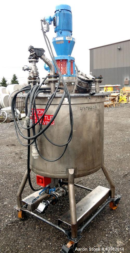 Used Val-Fab Tank, 150 Gallon, 316L Stainless Steel, Vertical. 36" Diameter x 31" straight side, flat bolt on top, dished bottom. Top entering Cheminner agitator with mechanical seal. Approximate 1" ...