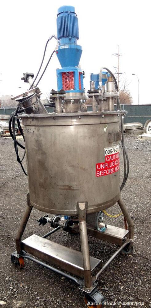 Used Val-Fab Tank, 150 Gallon, 316L Stainless Steel, Vertical. 36" Diameter x 31" straight side, flat bolt on top, dished bottom. Top entering Cheminner agitator with mechanical seal. Approximate 1" ...