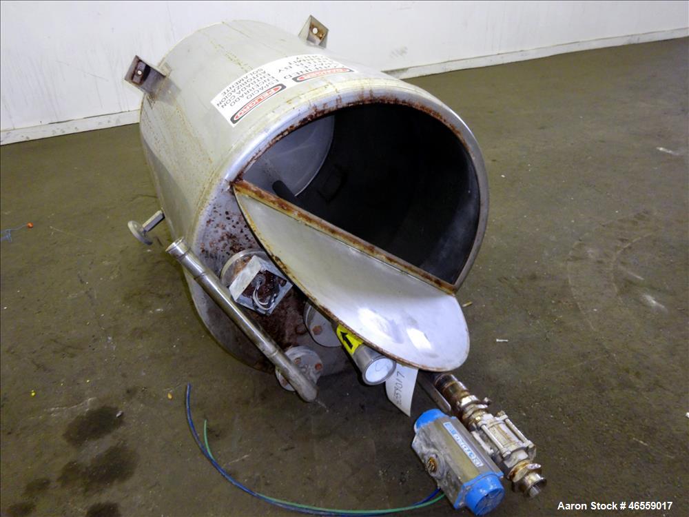 Used Vendome Tank, Approximate 200 Gallon, 316 Stainless Steel, Vertical. Approximate 36" diameter x 44" straight side. Welded flat top with 1/2 hinged cover, cone bottom. Openings top: 3", (2) 2", 1...