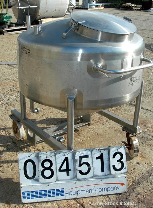 USED: Walker Tank, 100 gallon, 304 stainless steel, vertical. 42" diameter x 16" straight side. Dished top, coned bottom. Openings: top 2" tri clamp, (2) 1-1/2" tri clamp; 2" tri clamp center bottom ...