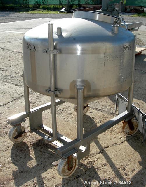 USED: Walker Tank, 100 gallon, 304 stainless steel, vertical. 42" diameter x 16" straight side. Dished top, coned bottom. Openings: top 2" tri clamp, (2) 1-1/2" tri clamp; 2" tri clamp center bottom ...