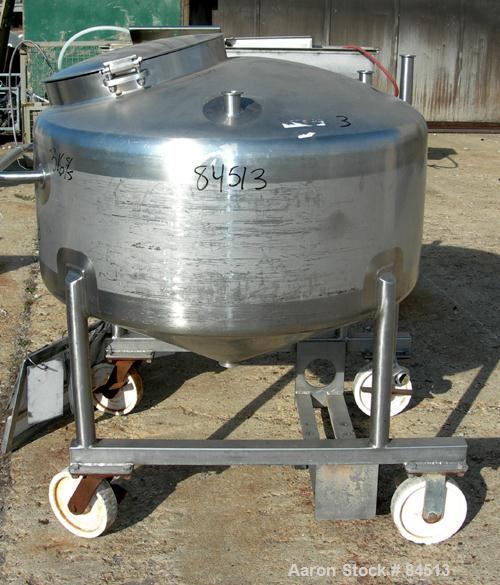 USED: Walker Tank, 100 gallon, 304 stainless steel, vertical. 42" diameter x 16" straight side. Dished top, coned bottom. Openings: top 2" tri clamp, (2) 1-1/2" tri clamp; 2" tri clamp center bottom ...
