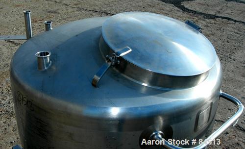 USED: Walker Tank, 100 gallon, 304 stainless steel, vertical. 42" diameter x 16" straight side. Dished top, coned bottom. Openings: top 2" tri clamp, (2) 1-1/2" tri clamp; 2" tri clamp center bottom ...