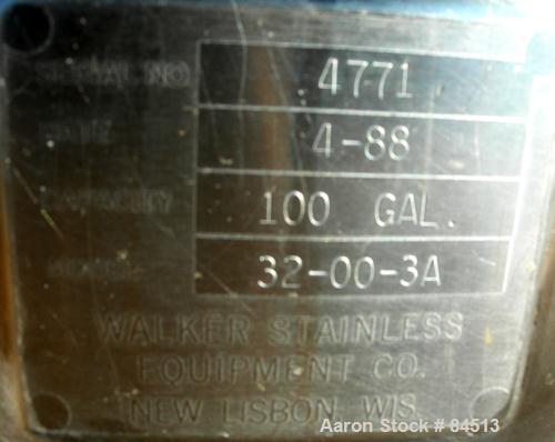 USED: Walker Tank, 100 gallon, 304 stainless steel, vertical. 42" diameter x 16" straight side. Dished top, coned bottom. Openings: top 2" tri clamp, (2) 1-1/2" tri clamp; 2" tri clamp center bottom ...