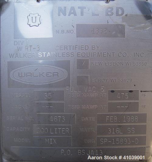 Used Walker Stainless Pressure Tank, 52.8 gallon (200 liter), 316L stainless steel, vertical. 30'' diameter x 18'' straight side, dished top and bottom. Polished Internal rated full vacuum and 35 psi...