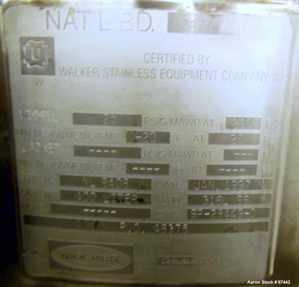 Used 400 Liter Stainless Steel Walker Stainless Pressure Tank