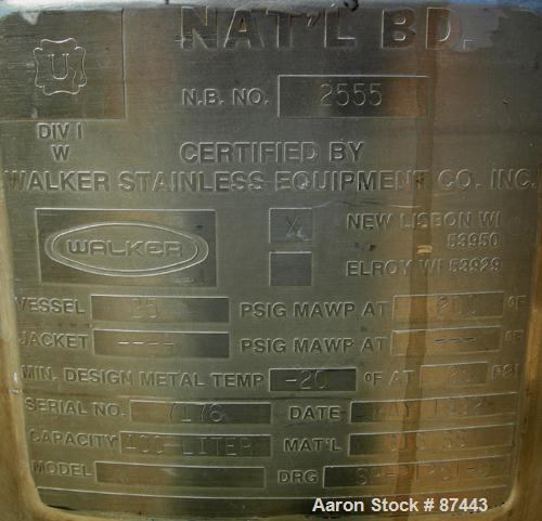 Used 400 Liter Stainless Steel Walker Stainless Pressure Tank