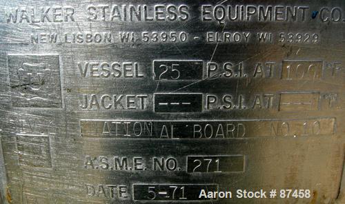 Used 120 Gallon Stainless Steel Walker Stainless Pressure Tank