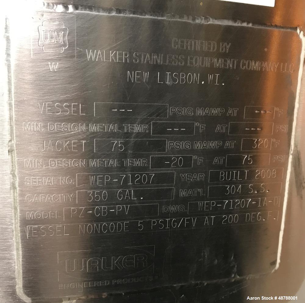Used Walker Stainless Jacketed Tank, Model PZ-CB-PV, Approximately 350 Gallon,