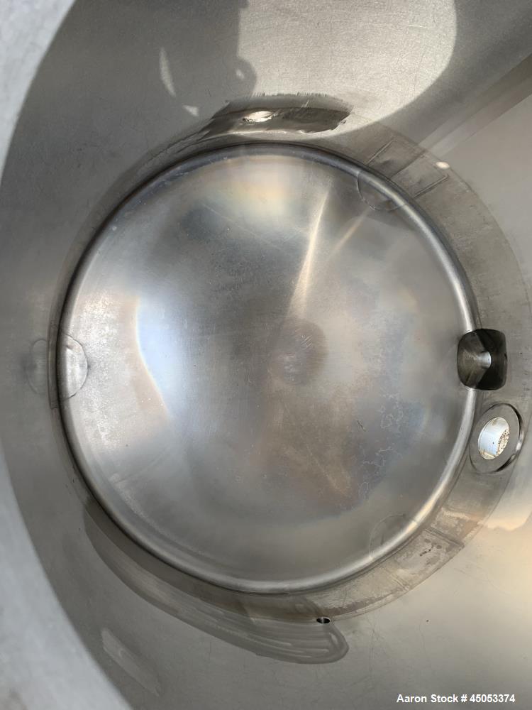Used Walker 135 Gallon Stainless Steel Tank, Model SB-V-52, 304 Stainless Steel, Vertical. Approximate 36" diameter x 30" straight side. Dished top, sloped bottom. Openings: 16" manway with cover, 4"...
