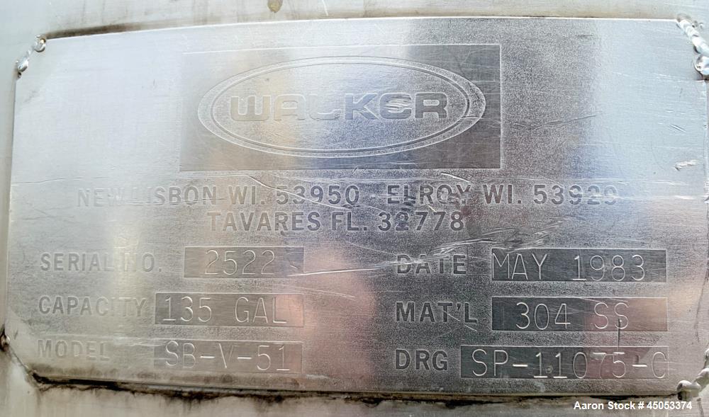 Used Walker 135 Gallon Stainless Steel Tank, Model SB-V-52, 304 Stainless Steel, Vertical. Approximate 36" diameter x 30" straight side. Dished top, sloped bottom. Openings: 16" manway with cover, 4"...