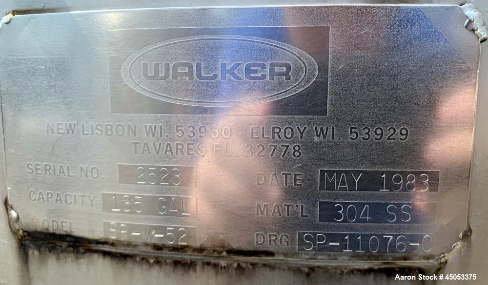 Used- Walker 135 Gallon Stainless Steel Tank, Model SB-V-52, 304 Stainless Steel, Vertical. Approximate 36" diameter x 30" s...