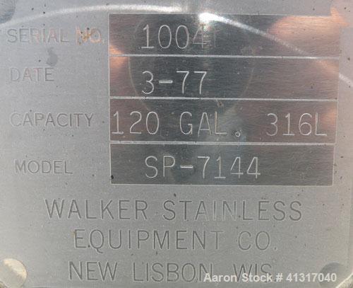 Used Walker Stainless Tank, 120 Gallon, Model SP-7144, 316L Stainless Steel. 50" long x 40" wide x 15" deep. 2 piece hinged top cover. 2" NPT end bottom outlet. Mounted on casters.