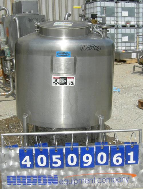 Used Walker Tank, 100 Gallon, 316L Stainless Steel, Vertical. 36" diameter x 27" straight side, dished top, sloped bottom. Internal rated to 250 deg F. Openings: top (3) 1" tri-clamp, 2" tri-clamp, 1...
