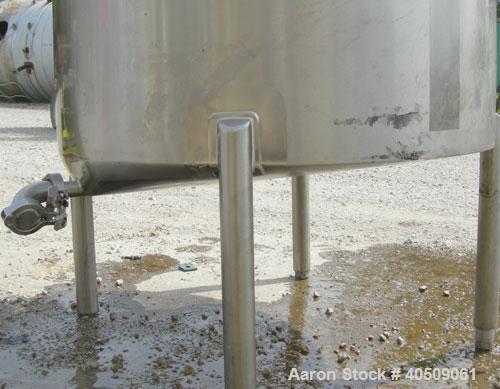 Used Walker Tank, 100 Gallon, 316L Stainless Steel, Vertical. 36" diameter x 27" straight side, dished top, sloped bottom. Internal rated to 250 deg F. Openings: top (3) 1" tri-clamp, 2" tri-clamp, 1...