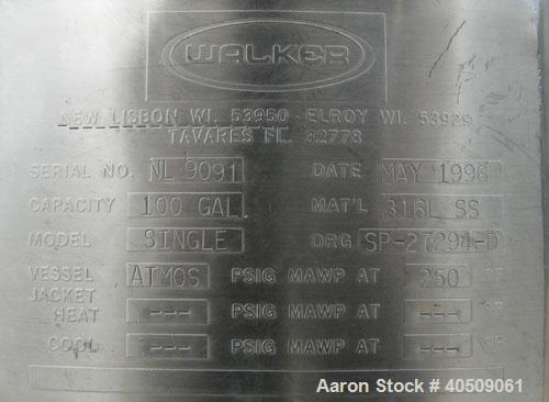 Used Walker Tank, 100 Gallon, 316L Stainless Steel, Vertical. 36" diameter x 27" straight side, dished top, sloped bottom. Internal rated to 250 deg F. Openings: top (3) 1" tri-clamp, 2" tri-clamp, 1...