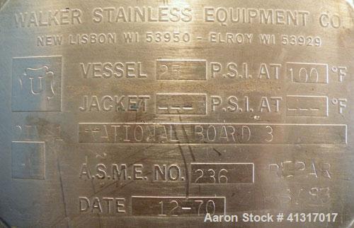 Used Walker Stainless Pressure Tank, 120 Gallon, 304 Stainless Steel, Vertical. 30" diameter x 36" straight side. Dish top and bottom. Internal rated 25 psi at 100 deg F. Openings: top 15" manway, no...