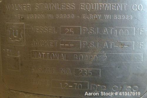 Used Walker Stainless Pressure Tank, 120 Gallon, 304 Stainless Steel, Vertical. 30" diameter x 36" straight side. Dish top and bottom. Internal rated 25 psi at 100 deg F. Openings: top 15" manway, no...
