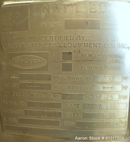 Used Walker Stainless Pressure Tank, 105 Gallon (400 Liter), 316 Stainless Steel, Vertical. 31-1/4" diameter x 42" straight side. Dish top and bottom. Internal rated 25 psi at 200 deg F and -20 deg F...