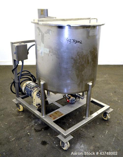 Used Walker Stainless Tank, 80 Gallon, 316 Stainless Steel, Vertical. 30” Diameter x 29” straight side. Open top with a 2 piece cover, coned bottom. Provision for a clamp-on agitator. 1-1/2” Tri-clam...