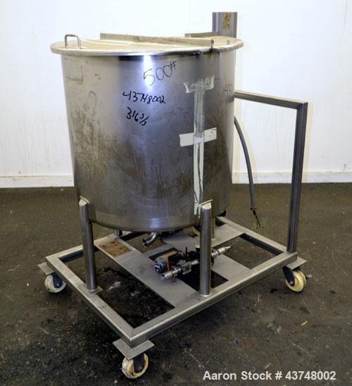 Used Walker Stainless Tank, 80 Gallon, 316 Stainless Steel, Vertical. 30” Diameter x 29” straight side. Open top with a 2 piece cover, coned bottom. Provision for a clamp-on agitator. 1-1/2” Tri-clam...