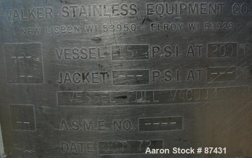 USED: Walker Stainless pressure tank, 75 gallon, 316 stainless steel, vertical. 28" diameter x 26" straight side, dish top and bottom. Internal rated FV/15 psi at 200 deg F. Openings: top 2", 16" man...
