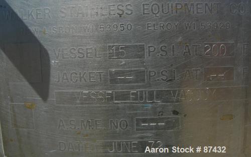 USED: Walker Stainless pressure tank, 75 gallon, 316 stainless steel, vertical. 28" diameter x 26" straight side, dish top and bottom. Internal rated FV/15 psi at 200 deg F. Openings: top 2", 16" man...