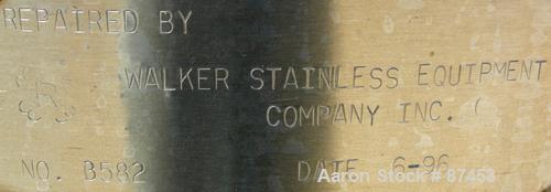USED: Walker Stainless Pressure Tank, 120 gallon, 304 stainless steel, vertical. 30" diameter x 37" straight side, dish top and bottom. Internal rated 25 psi at 100 deg F. Openings: top (2) 5/8", 14"...