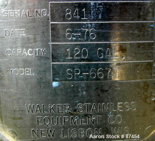 USED: Walker Stainless Pressure Tank, 120 gallon, 304 stainless steel, vertical. 30" diameter x 37" straight side, dish top and bottom. Internal rated 25 psi at 100 deg F. Openings: top (2) 5/8", 14"...