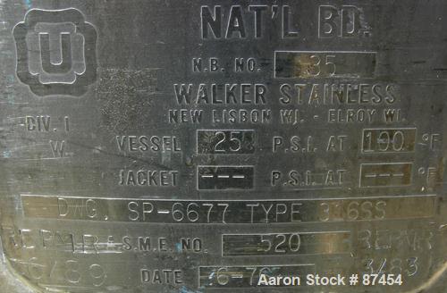 USED: Walker Stainless Pressure Tank, 120 gallon, 304 stainless steel, vertical. 30" diameter x 37" straight side, dish top and bottom. Internal rated 25 psi at 100 deg F. Openings: top (2) 5/8", 14"...