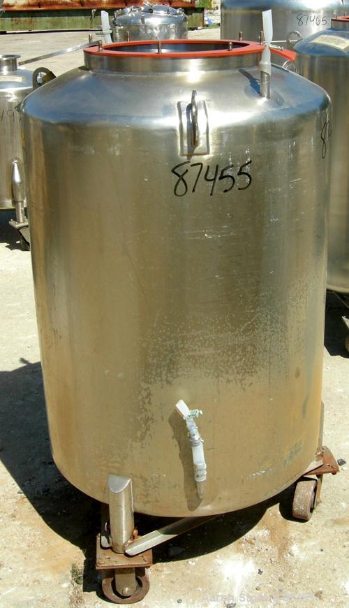 USED: Walker Stainless Pressure Tank, 120 gallon, 304 stainless steel, vertical. 30" diameter x 37" straight side, dish top and bottom. Internal rated 25 psi at 100 deg F. Openings: top (2) 5/8", 14"...