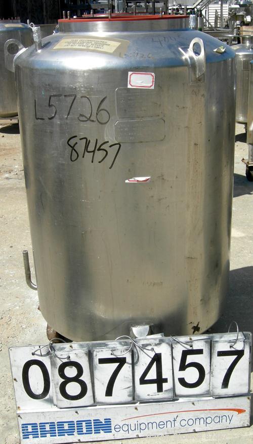 USED: Walker Stainless Pressure Tank, 120 gallon, 304 stainless steel, vertical. 30" diameter x 37" straight side, dish top and bottom. Internal rated 25 psi at 100 deg F. Openings: top (2) 5/8", 14"...