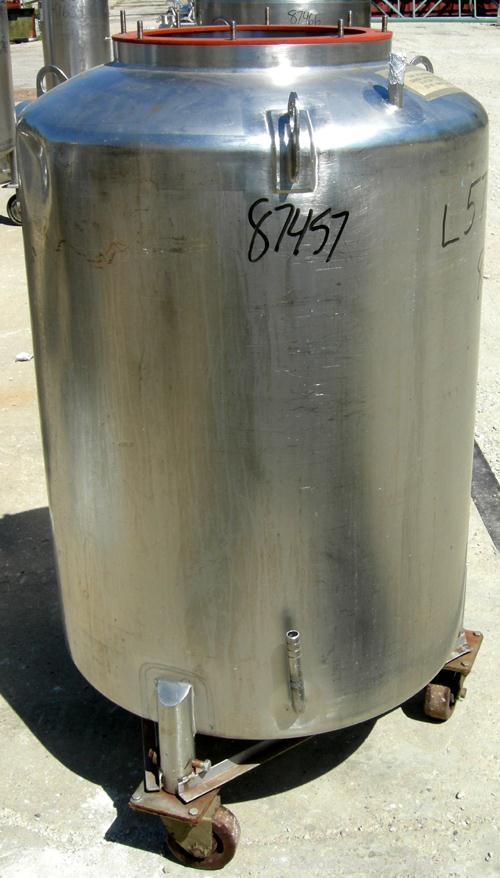 USED: Walker Stainless Pressure Tank, 120 gallon, 304 stainless steel, vertical. 30" diameter x 37" straight side, dish top and bottom. Internal rated 25 psi at 100 deg F. Openings: top (2) 5/8", 14"...