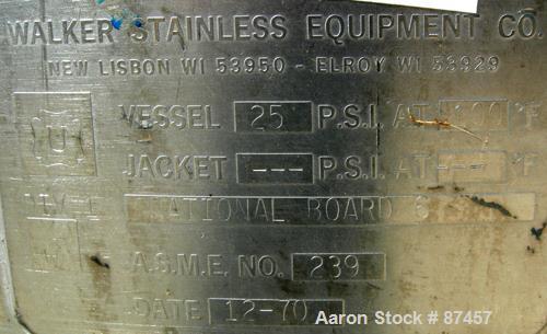 USED: Walker Stainless Pressure Tank, 120 gallon, 304 stainless steel, vertical. 30" diameter x 37" straight side, dish top and bottom. Internal rated 25 psi at 100 deg F. Openings: top (2) 5/8", 14"...