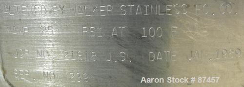 USED: Walker Stainless Pressure Tank, 120 gallon, 304 stainless steel, vertical. 30" diameter x 37" straight side, dish top and bottom. Internal rated 25 psi at 100 deg F. Openings: top (2) 5/8", 14"...