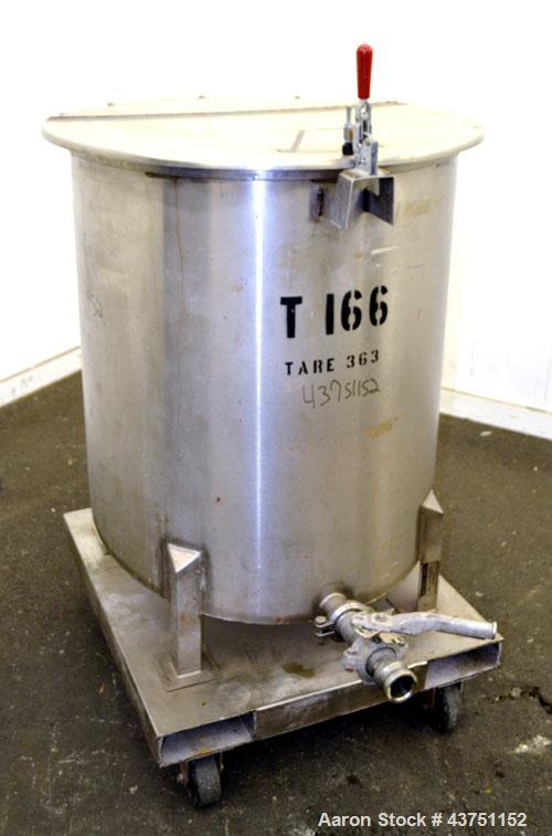 Used Water Cooling Corporation Tank, 100 Gallon, 304 Stainless Steel, Vertical. Approximately 31" diameter x 34" straight side.  Flat top with a bolt-on hinged cover, 6" sloped bottom.  2" Tri-clamp ...