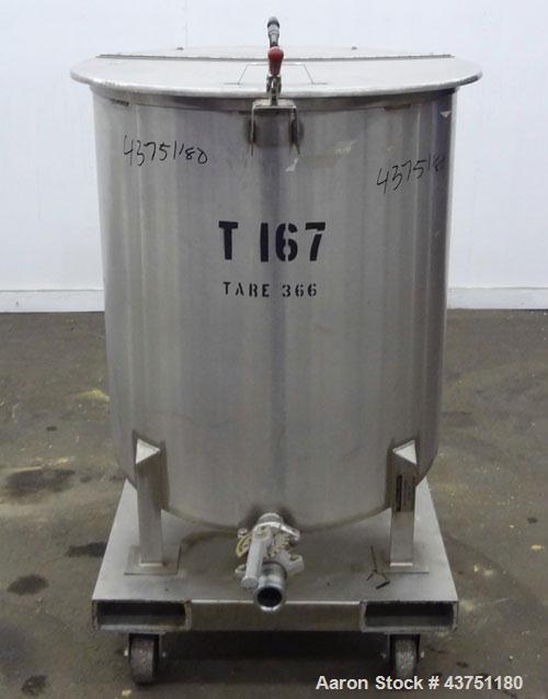 Used Water Cooling Corporation Tank, 100 Gallon, 304 Stainless Steel, Vertical. Approximately 31" diameter x 34" straight side.  Flat top with a bolt-on hinged cover, 6" sloped bottom.  2" Tri-clamp ...