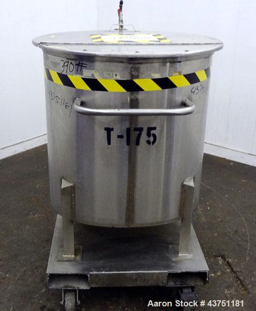 Used Water Cooling Corporation Tank, 100 Gallon, 304 Stainless Steel, Vertical. Approximately 31" diameter x 34" straight side.  Flat top with a bolt-on hinged cover, 6" sloped bottom.  2" Tri-clamp ...