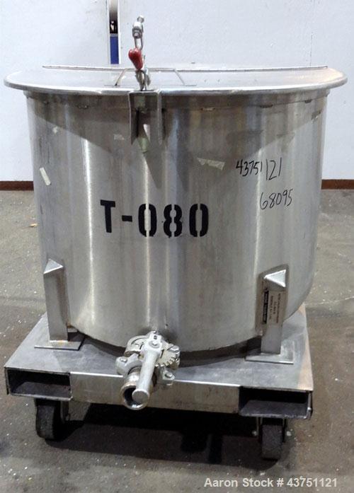 Used Water Cooling Corporation Tank, 60 Gallons, 304 Stainless Steel, Vertical. Approximately 30-1/2" diameter x 21" straight side.  Flat top with a bolt-on hinged cover, 6" sloped bottom.  2" Tri-cl...