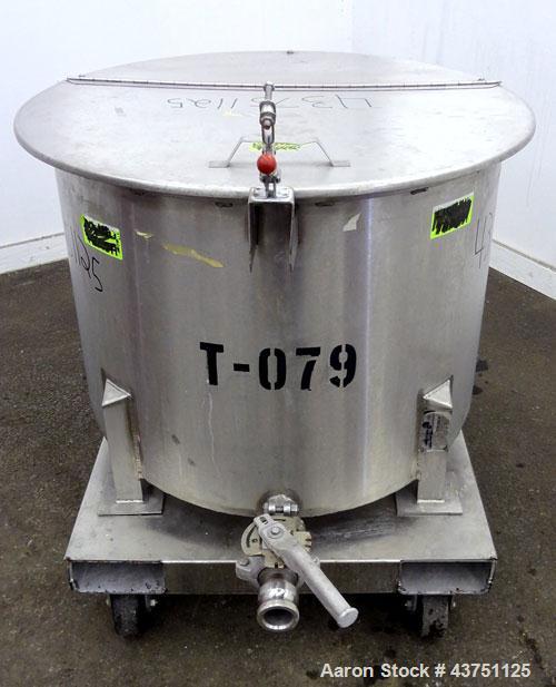 Used Water Cooling Corporation Tank, 60 Gallons, 304 Stainless Steel, Vertical. Approximately 30-1/2" diameter x 21" straight side.  Flat top with a bolt-on hinged cover, 6" sloped bottom.  2" Tri-cl...