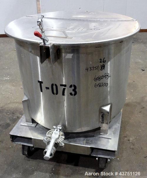 Used Water Cooling Corporation Tank, 60 Gallons, 304 Stainless Steel, Vertical. Approximately 30-1/2" diameter x 21" straight side.Flat top with a bolt-on hinged cover, 6" sloped bottom.2" Tri-clamp ...