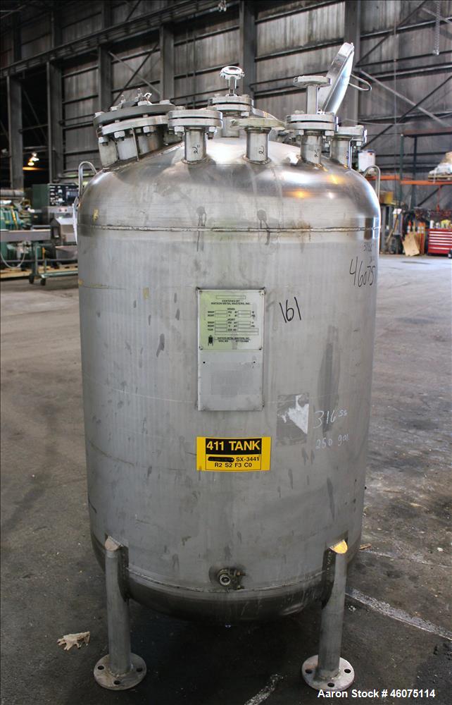 Used Watson Metal Masters Pressure Tank, 250 Gallon, 316L Stainless Steel, Vertical. 39-1/4" Diameter x 42" straight side, dished top & bottom. Internal rated 80 psi at -20 to 300 degrees F. Off cent...